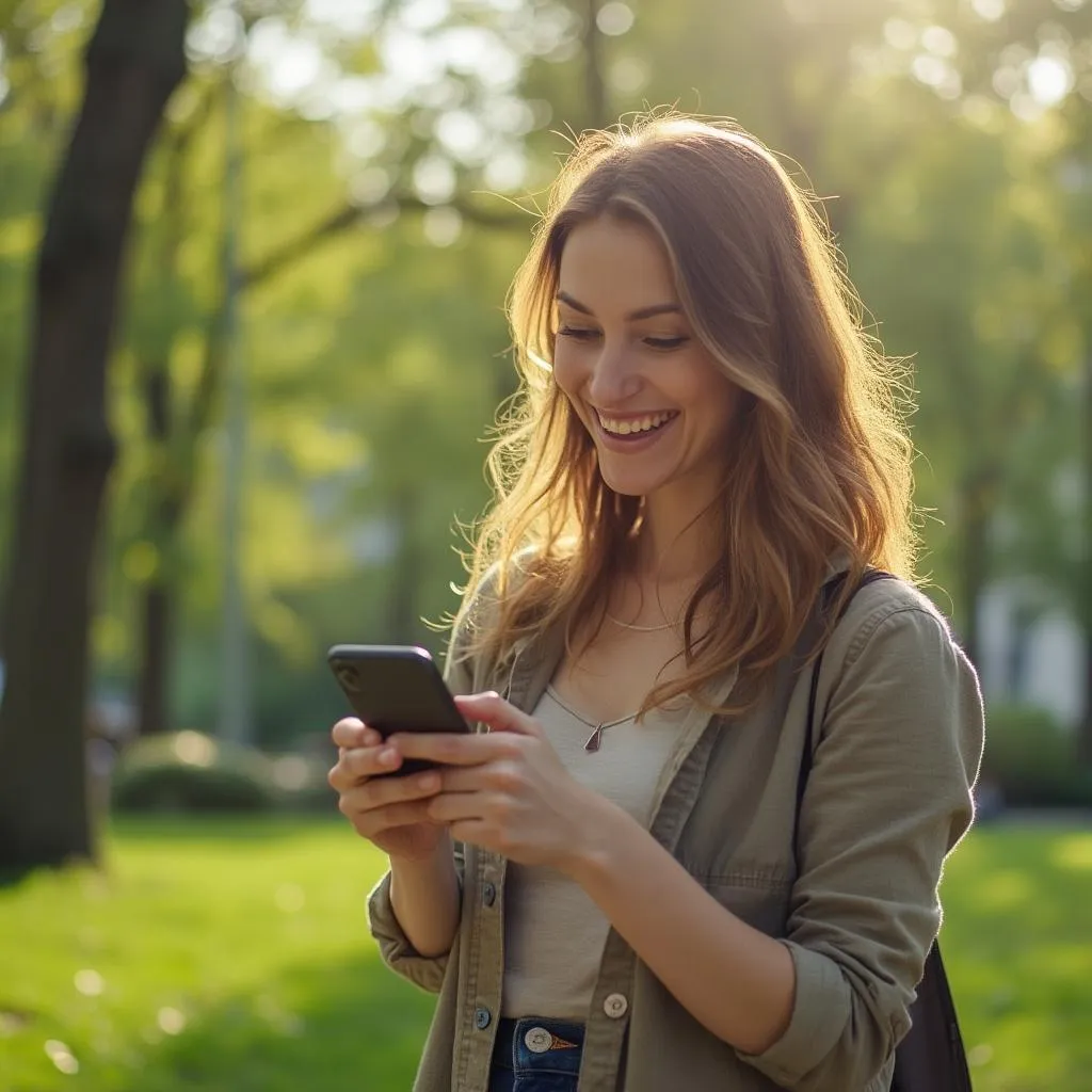 Utente che usa l'app Strada del Pollo in un parco cittadino